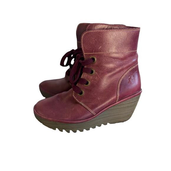 FLY‎ LONDON BURGUNDY LACE UP WEDGE BOOTS SZ. 7/37 - Picture 3 of 8